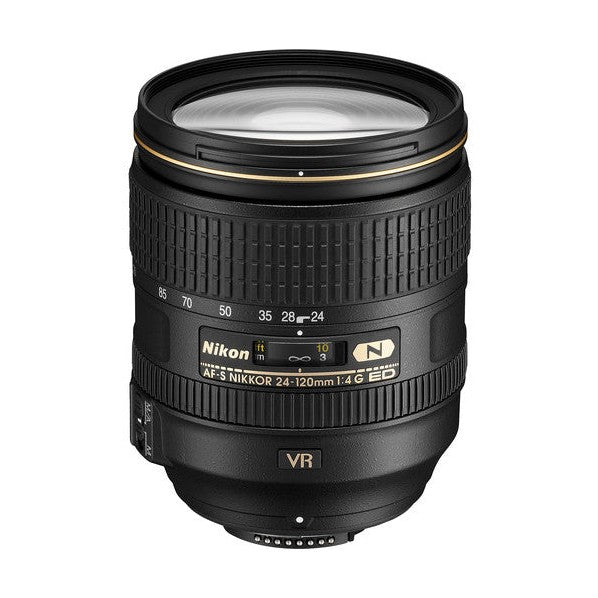 Full profile view of ClubCamera.com Nikon AF-S Nikkor 24-120mm f/4G ED VR lens with focal length scale