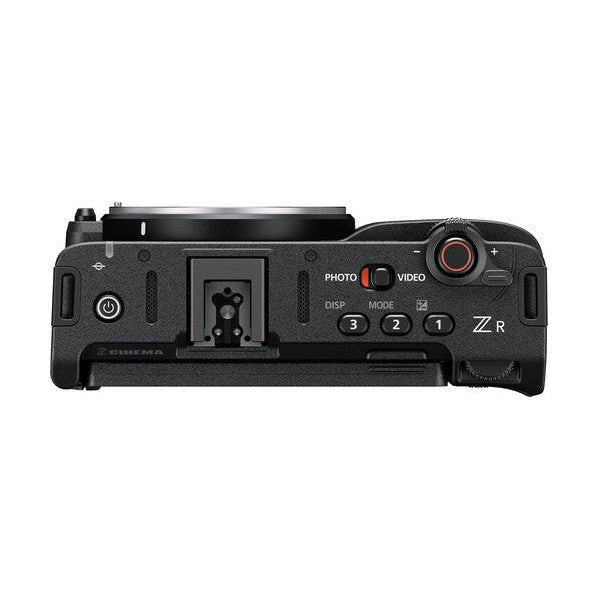 ClubCamera.com Nikon ZR top-down view displaying Z R logo, power button, multi-selector, and red video switch