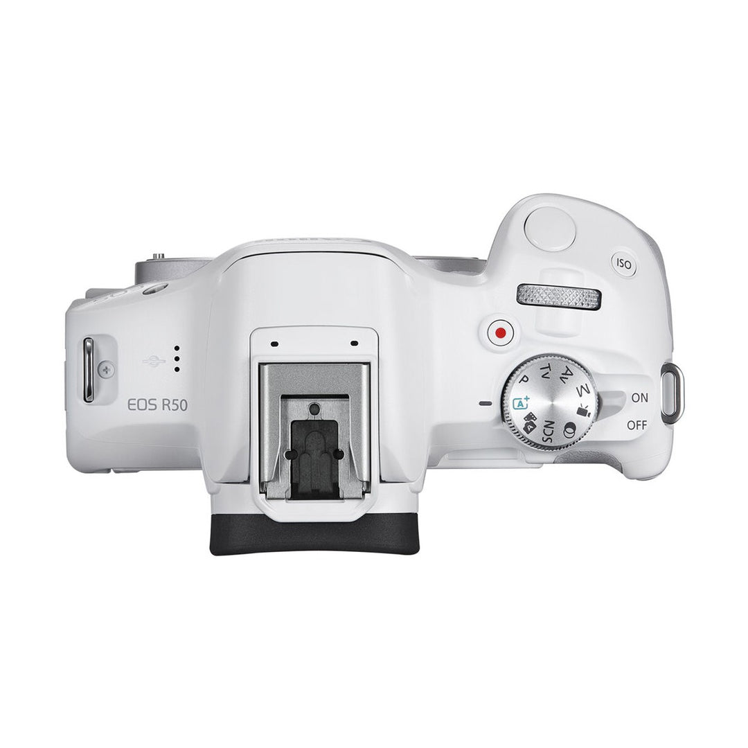 Canon EOS R50 Mirrorless Camera with 18-45mm Lens (White) - top
