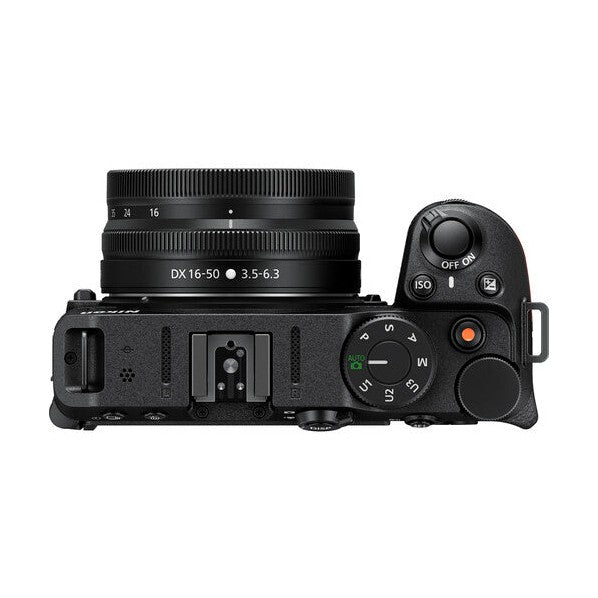 ClubCamera.com top view of black Nikon Z30 mirrorless camera with mode dial and 16-50mm lens