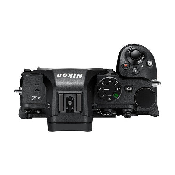 Top-down view of Nikon Z5II mirrorless body by ClubCamera.com displaying mode dial and command dials