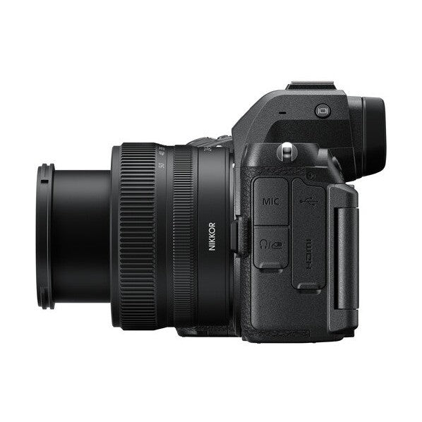 ClubCamera.com side profile of black Nikon Z5II with retractable NIKKOR Z 24-50mm lens and ports