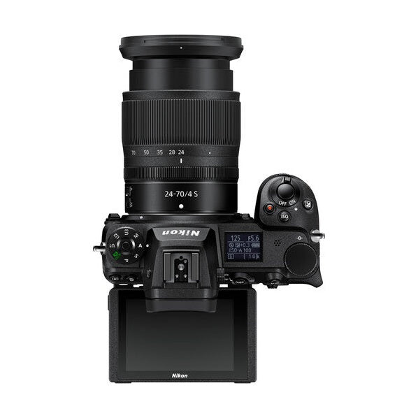 Top-down view of Nikon Z6II mirrorless camera kit with extended flip-out screen and top LCD display by ClubCamera.com