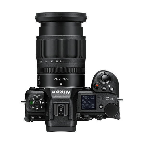 Top-down Nikon Z6III mode dial and top LCD settings display in matte black by ClubCamera.com