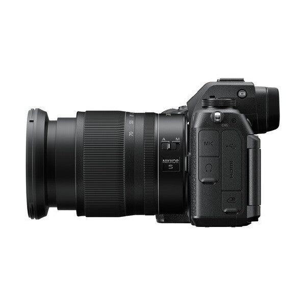Side profile of Nikon Z6III with ribbed focus ring and ports featuring ClubCamera.com watermark