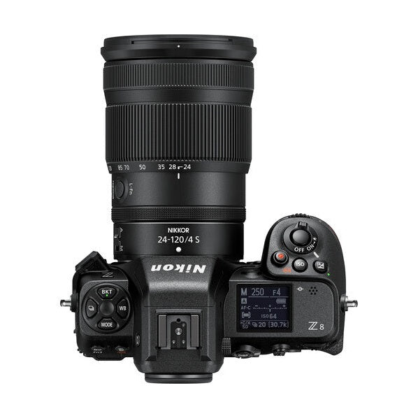 Nikon Z8 mirrorless camera with 24-120mm lens top-down view showing mode dial and rear LCD at ClubCamera.com