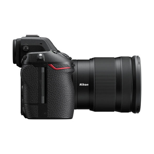 Side profile of Nikon Z8 mirrorless body with textured rubber grip and zoom ring detail available at ClubCamera.com