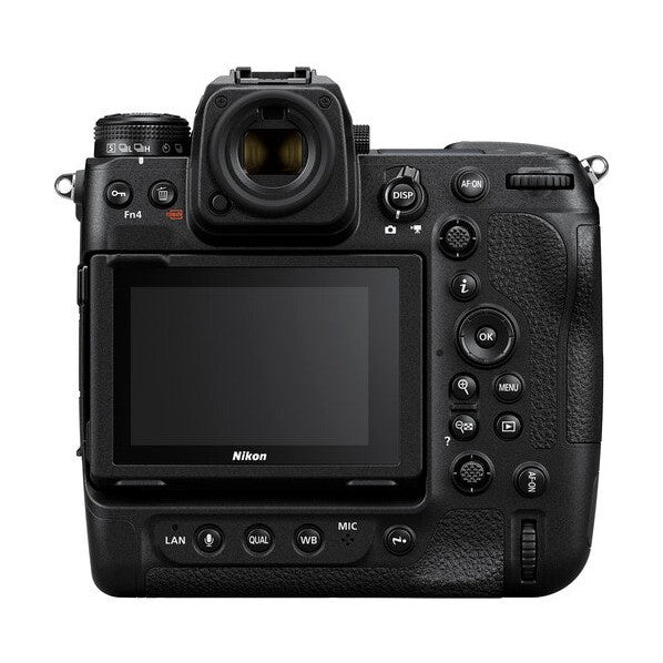 Nikon Z9 rear view body only showing large LCD screen, electronic viewfinder, DISP AF-ON controls, and LAN MIC buttons at ClubCamera.com
