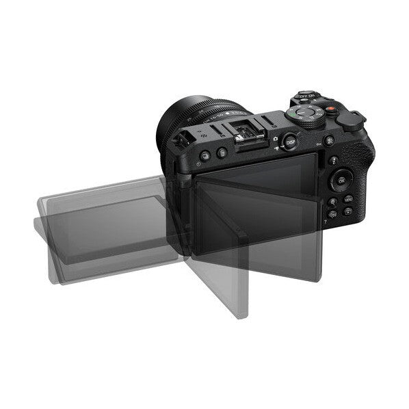 Nikon Z30 vari-angle touchscreen LCD flipped out for vlogging with attached lens at ClubCamera.com