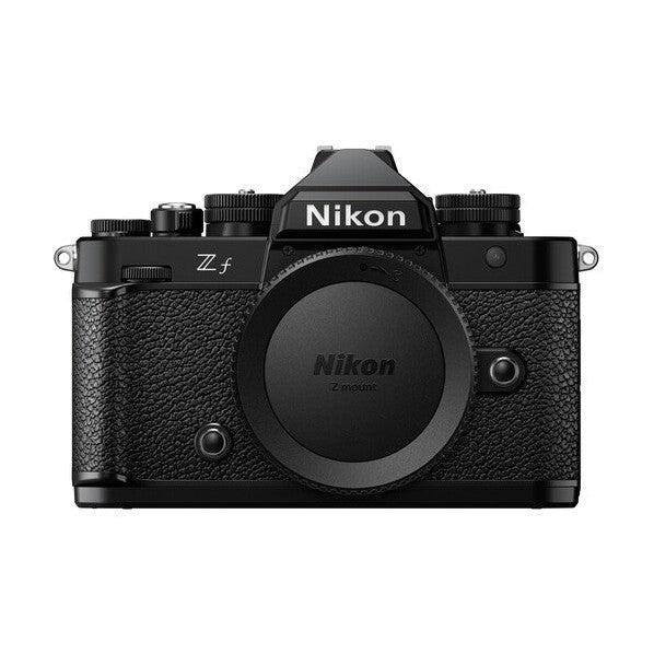 Nikon Zf mirrorless camera body in matte black with leather grip and retro dials from ClubCamera.com
