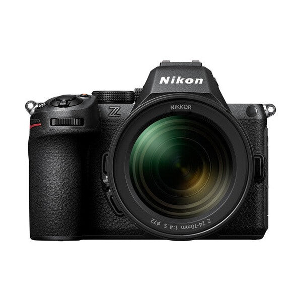 ClubCamera.com front view of black Nikon Z5II full-frame camera with green gold coated NIKKOR Z 24-70mm f/4 S lens