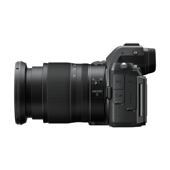 ClubCamera.com side profile of black Nikon Z5II camera with ribbed zoom ring and visible USB-C HDMI ports
