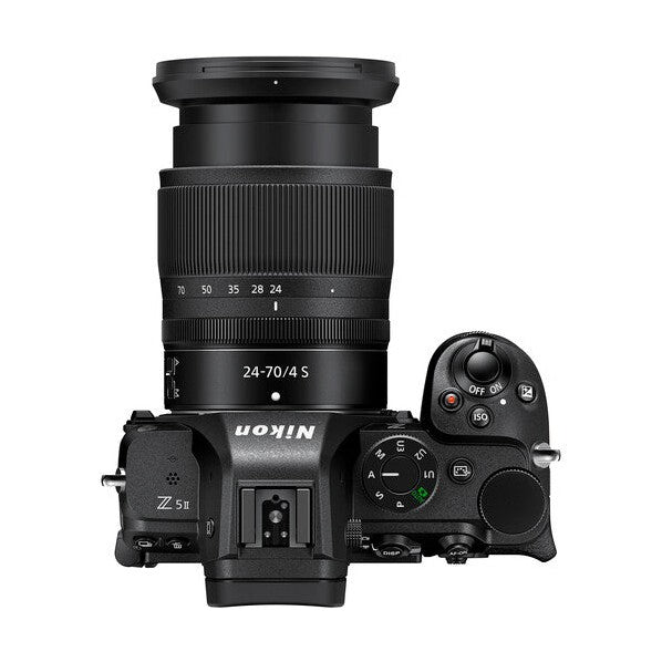 ClubCamera.com black Nikon Z5II mirrorless camera top view with mode dial and NIKKOR Z 24-70mm f/4 S lens