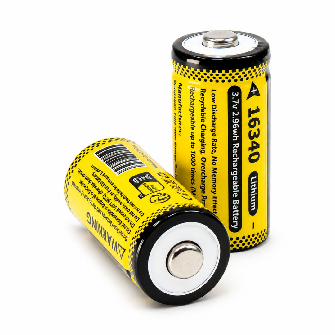 ClubCamera.com CR123A rechargeable lithium battery 16340 with yellow label and black polka dots showing positive terminal