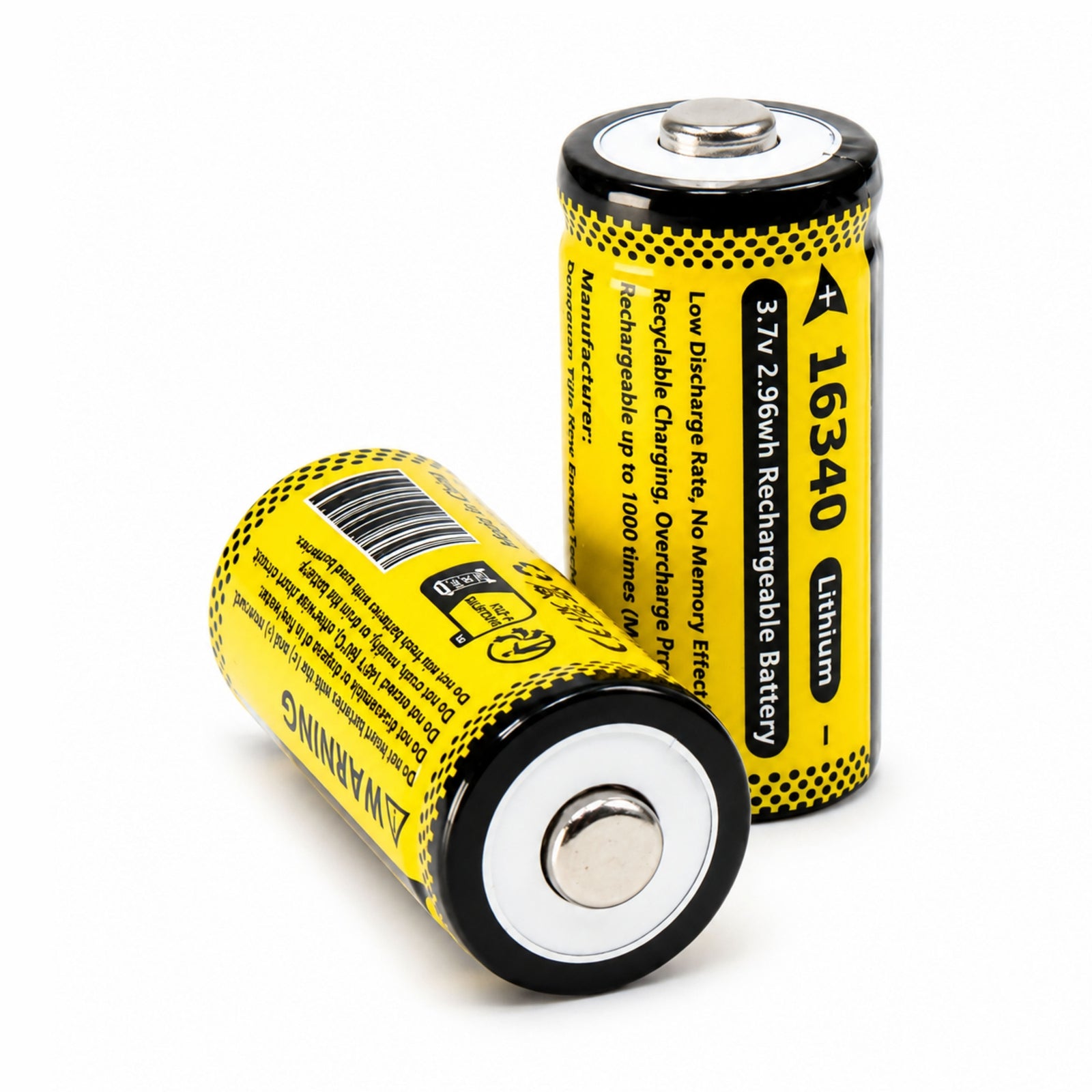 ClubCamera.com CR123A rechargeable lithium battery 16340 with yellow label and black polka dots showing positive terminal