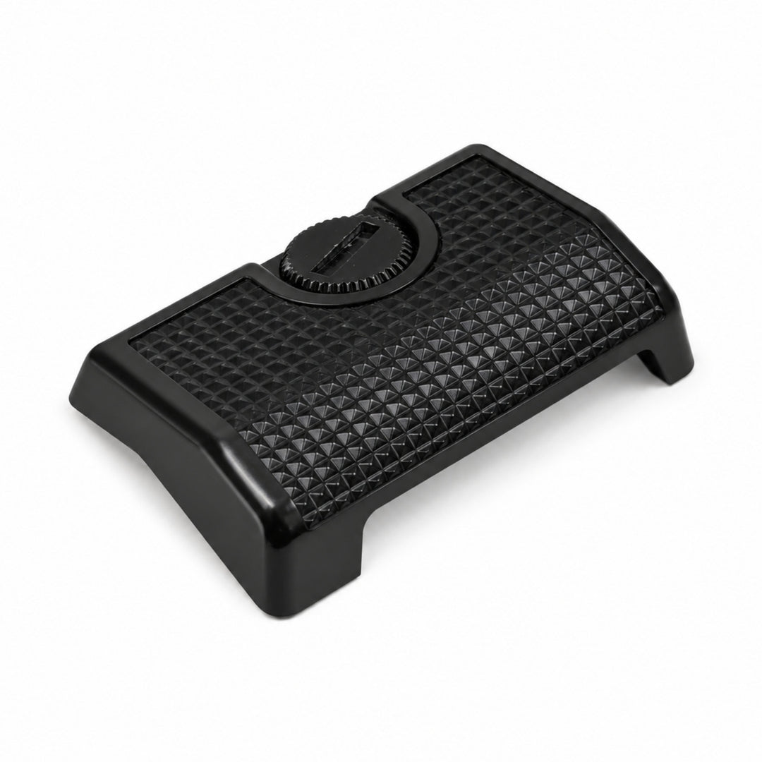 ClubCamera Canon film camera grip three-quarter front view highlighting diamond-pattern texture and symmetrical design