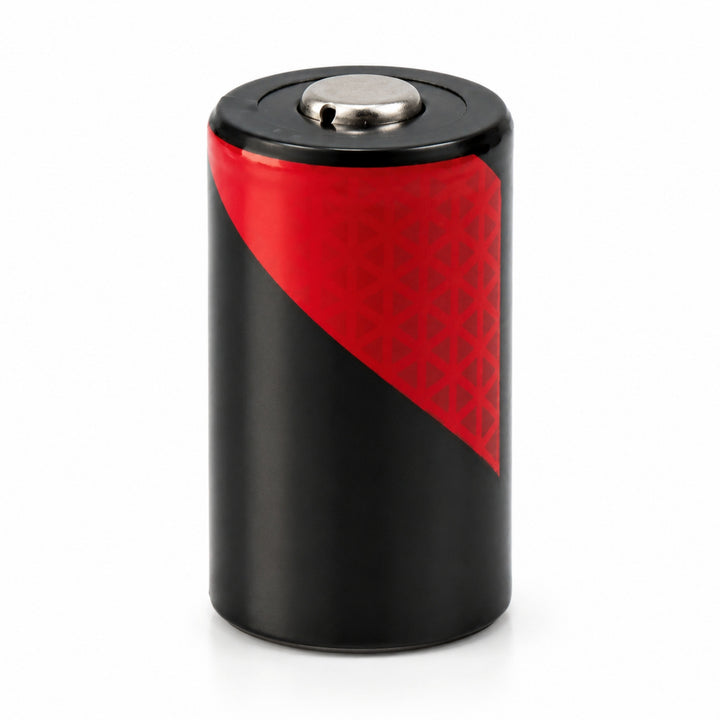 ClubCamera.com CR2 battery side profile black matte finish with red geometric triangle pattern