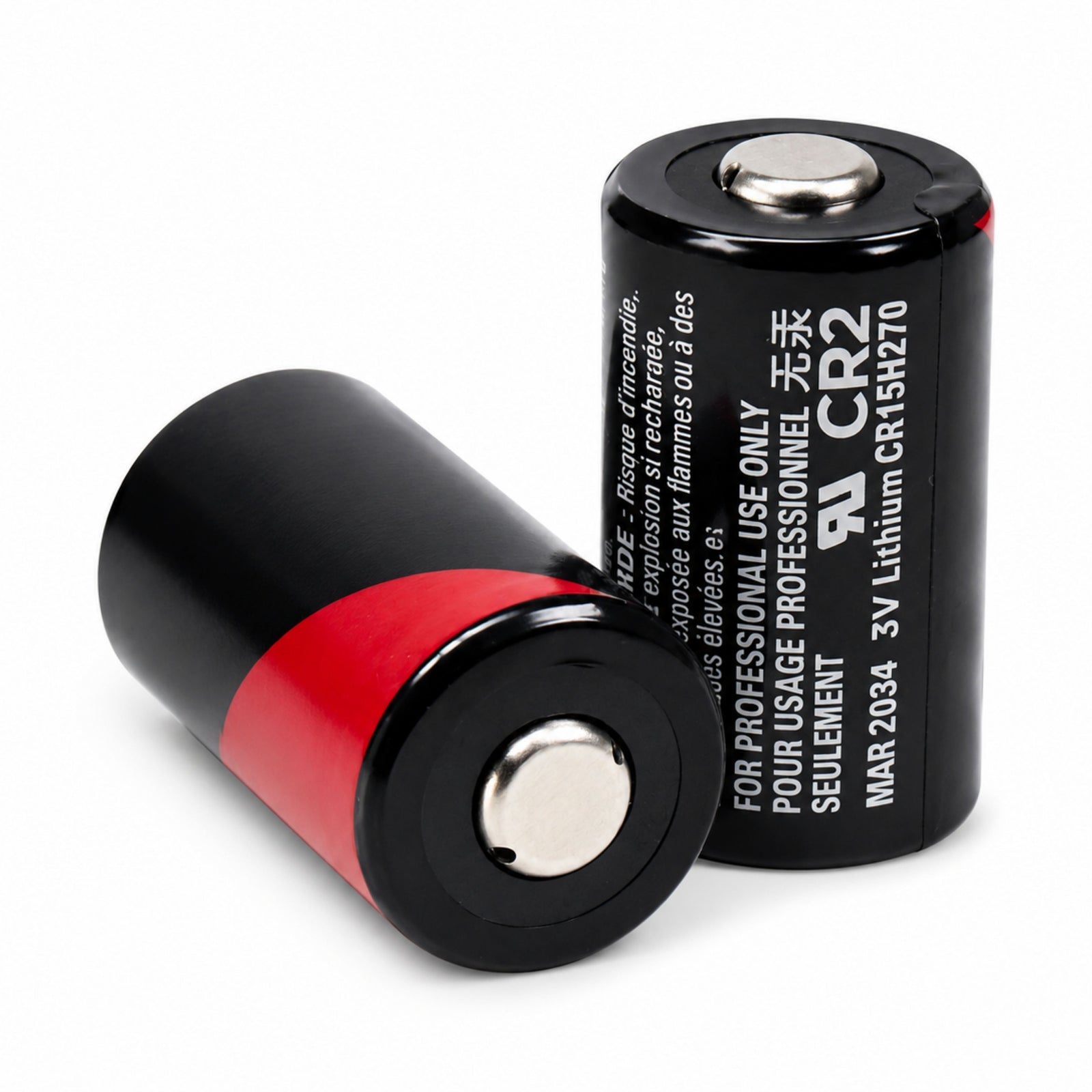 Two ClubCamera.com CR2 batteries black with red bands showing positive and negative terminals