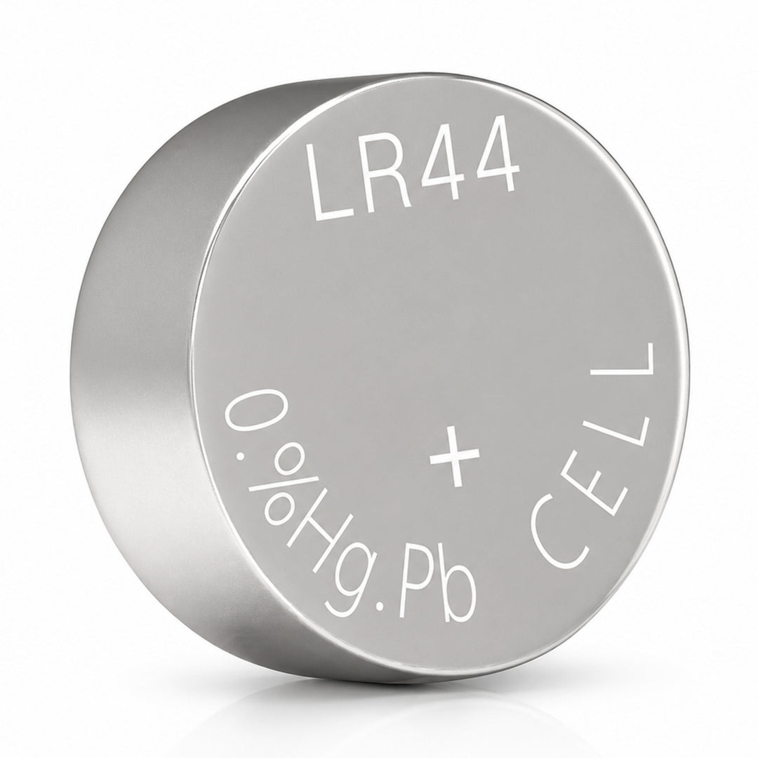ClubCamera.com close-up of silver LR44 1.5V coin battery top and side view