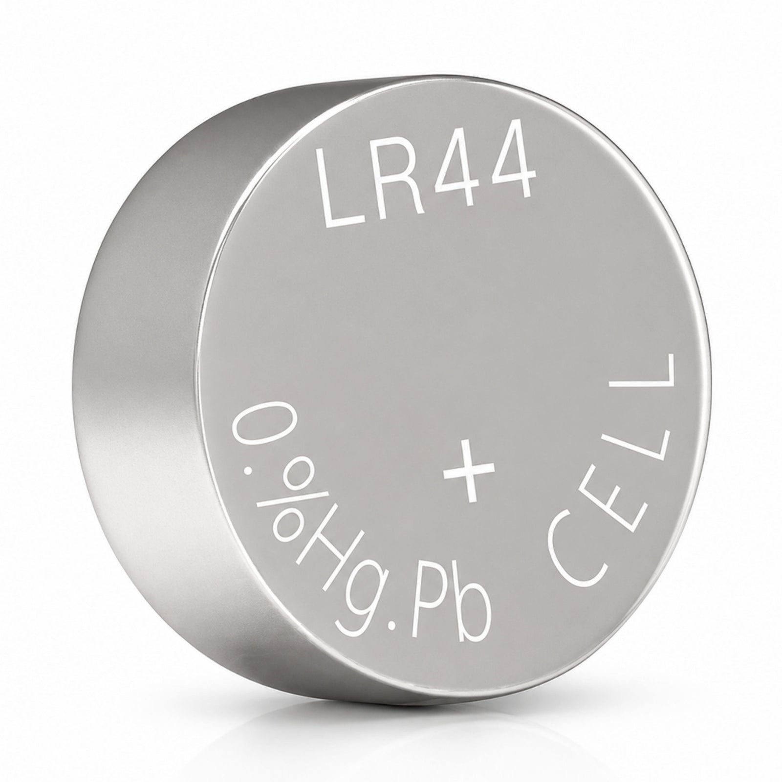 ClubCamera.com close-up of silver LR44 1.5V coin battery top and side view