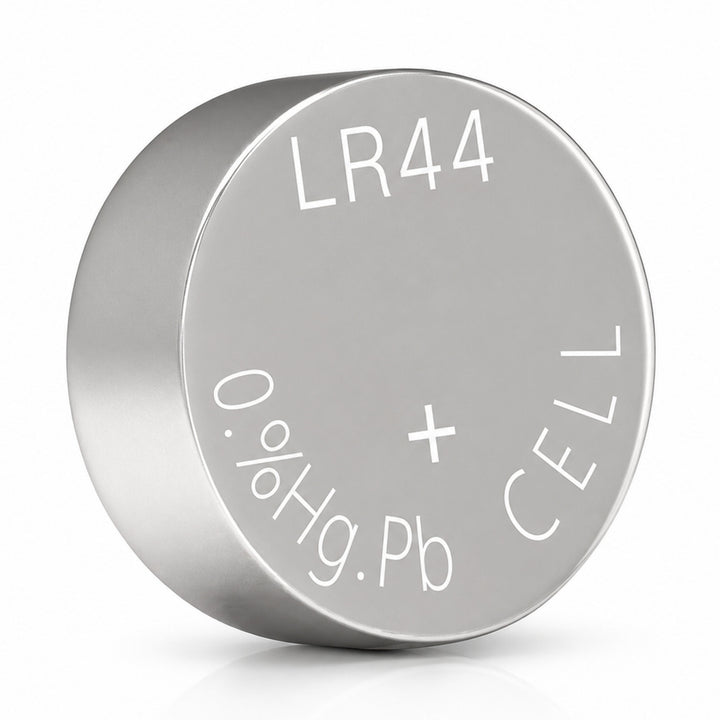 ClubCamera.com close-up of silver LR44 1.5V coin battery top and side view