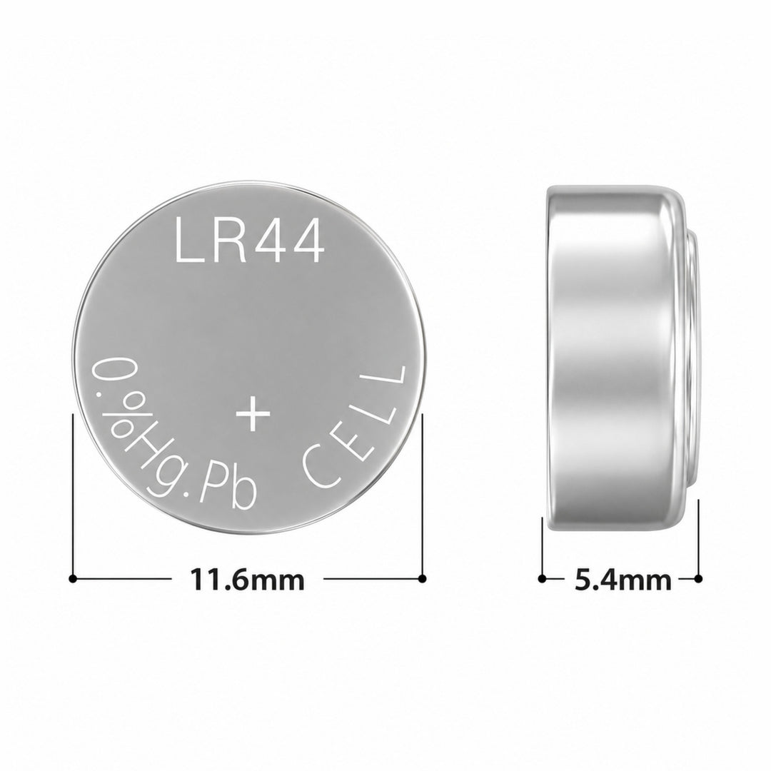 ClubCamera.com LR44 alkaline button cell battery silver with dimensional specs