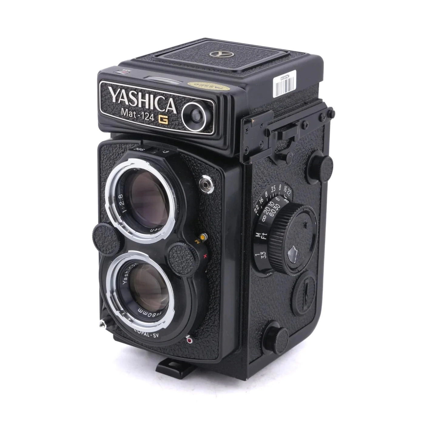 Yashica Mat-124G TLR side angle with aperture dial and engraved lens specifications