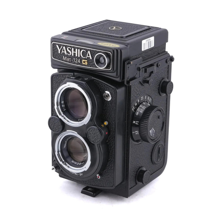 Yashica Mat-124G TLR side angle with aperture dial and engraved lens specifications