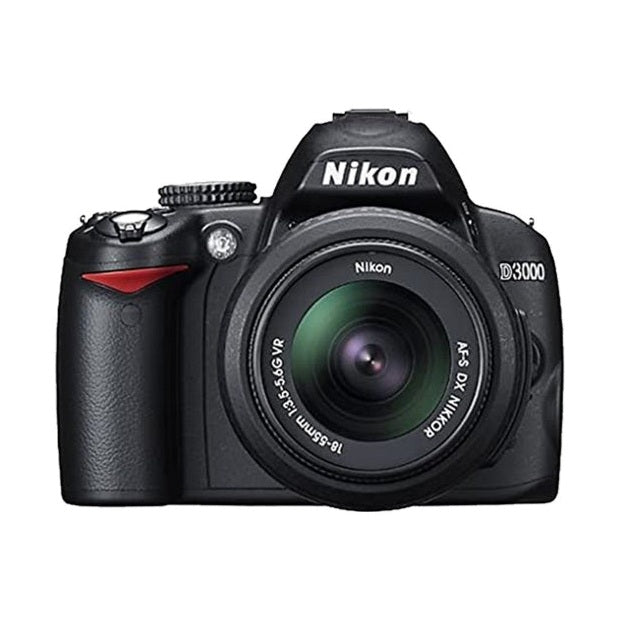 Black Nikon D3000 front view with red grip accent and AF-S DX 18-55mm VR lens from ClubCamera.com