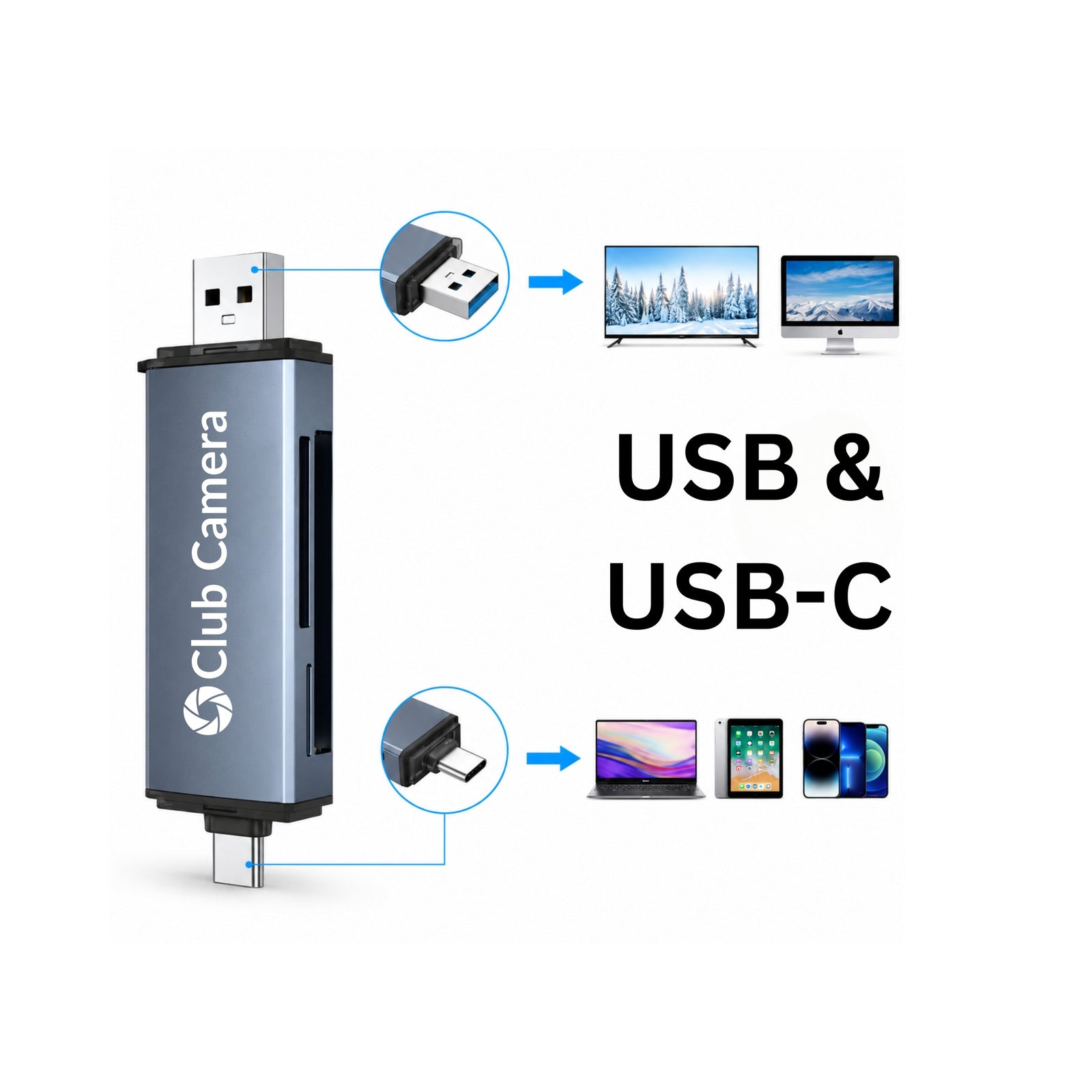 ClubCamera silver aluminum 3-in-1 USB-C & USB 3.0 memory card reader for SD MicroSD CF with dual connectors