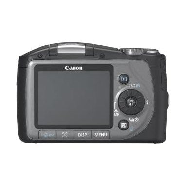 Rear view black Canon PowerShot SX100 IS digital camera with LCD screen and control dial at ClubCamera.com