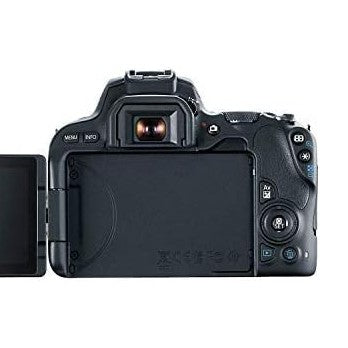 Rear view black Canon EOS Rebel SL2 DSLR with flipped vari-angle LCD screen and textured grip at ClubCamera.com