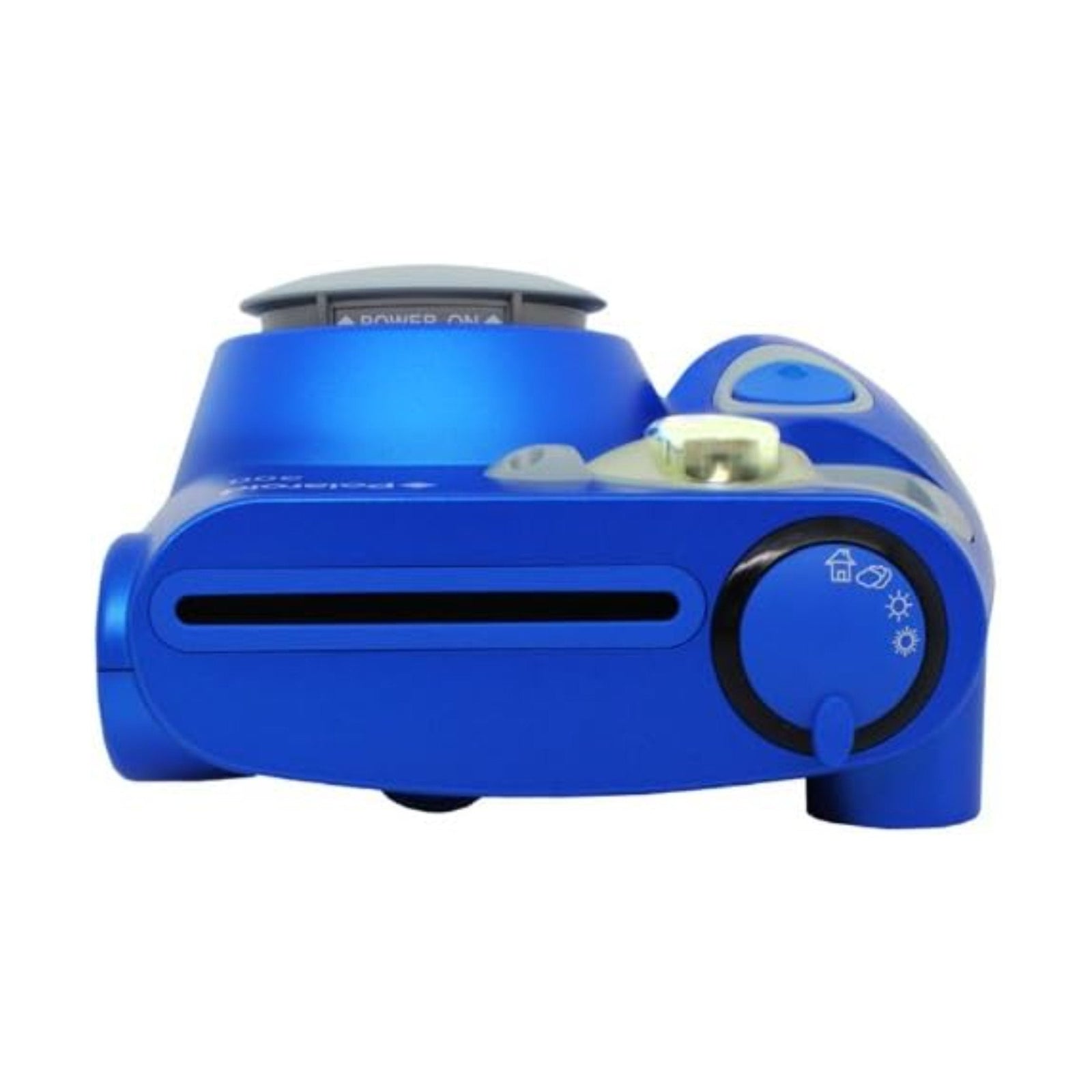 ClubCamera.com top-down view of blue Polaroid 300 instant camera showing exposure dial and power switch