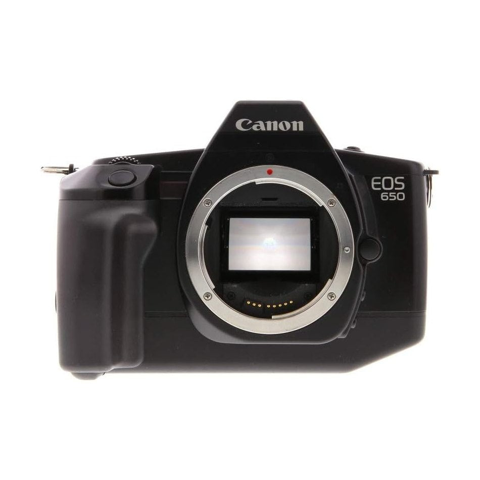 Black Canon EOS 650 film SLR camera body with silver EF mount ring and textured grip at ClubCamera.com