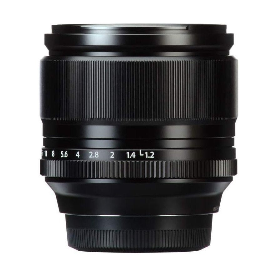 ClubCamera black Fujifilm XF 56mm f/1.2 R X-mount prime lens side view showing ribbed focus ring and MADE IN JAPAN detail