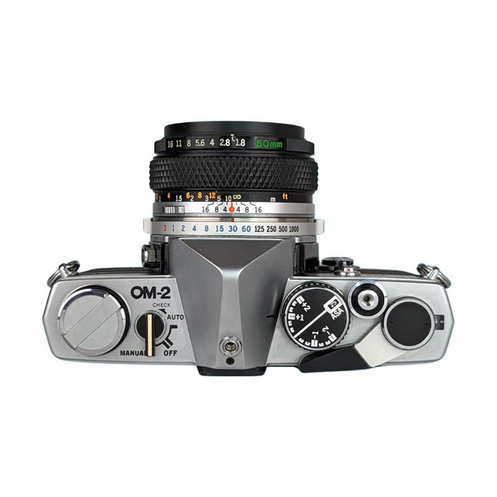 Top view Olympus OM-2 manual exposure dials and ISO settings
