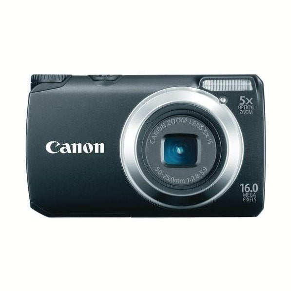 Front black Canon PowerShot A3300 IS with silver lens ring, 5x optical zoom, and 16MP branding from ClubCamera.com