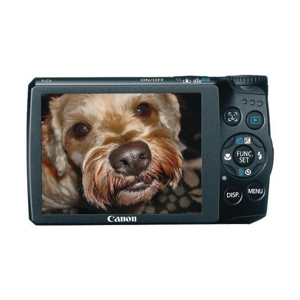 Black Canon PowerShot A3300 IS rear view showing LCD screen with dog photo and control buttons at ClubCamera.com