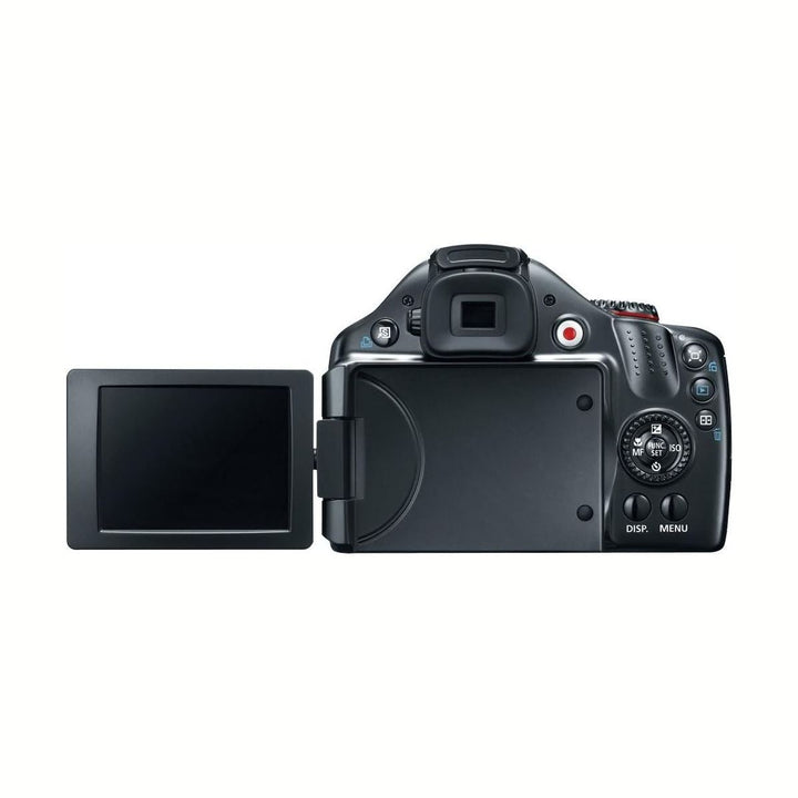 ClubCamera.com Canon PowerShot SX40 HS rear panel showing flipped-out articulating LCD screen hinge