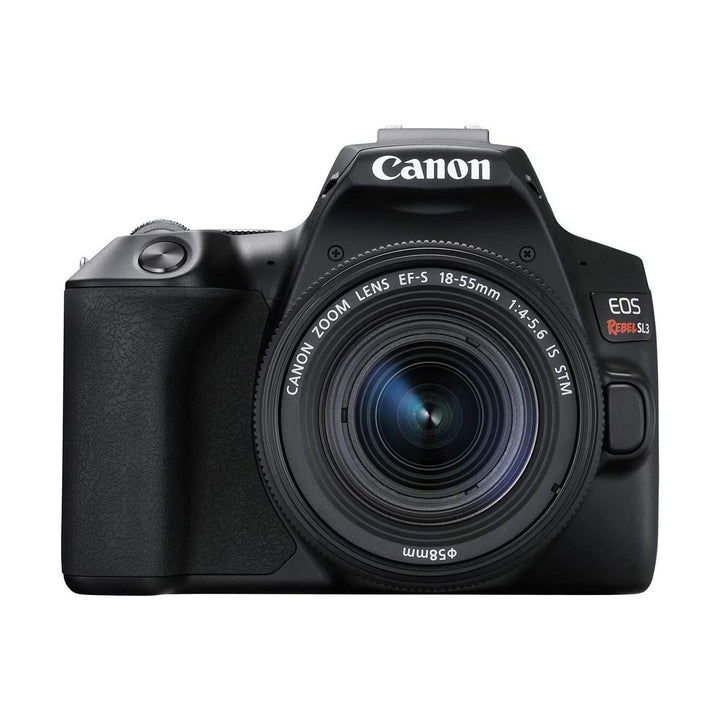 ClubCamera.com front shot of black Canon Rebel SL3 DSLR with 18-55mm zoom lens and rubberized handgrip