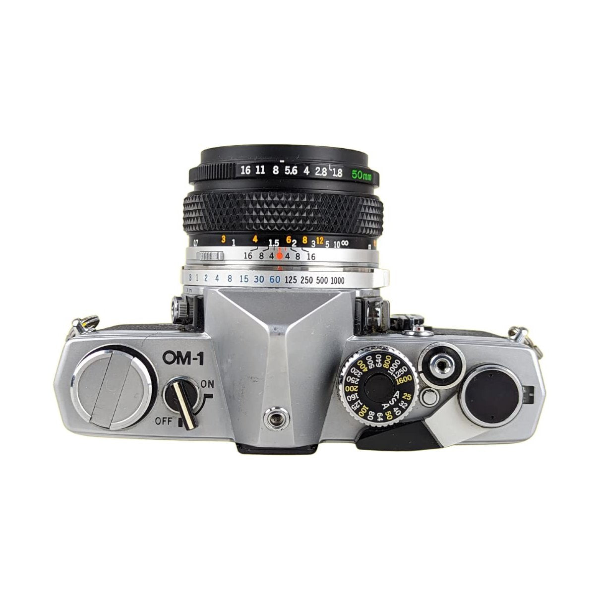 Olympus OM-1 SLR with 50mm f/1.8 lens showing shutter speed dial and exposure meter at ClubCamera.com