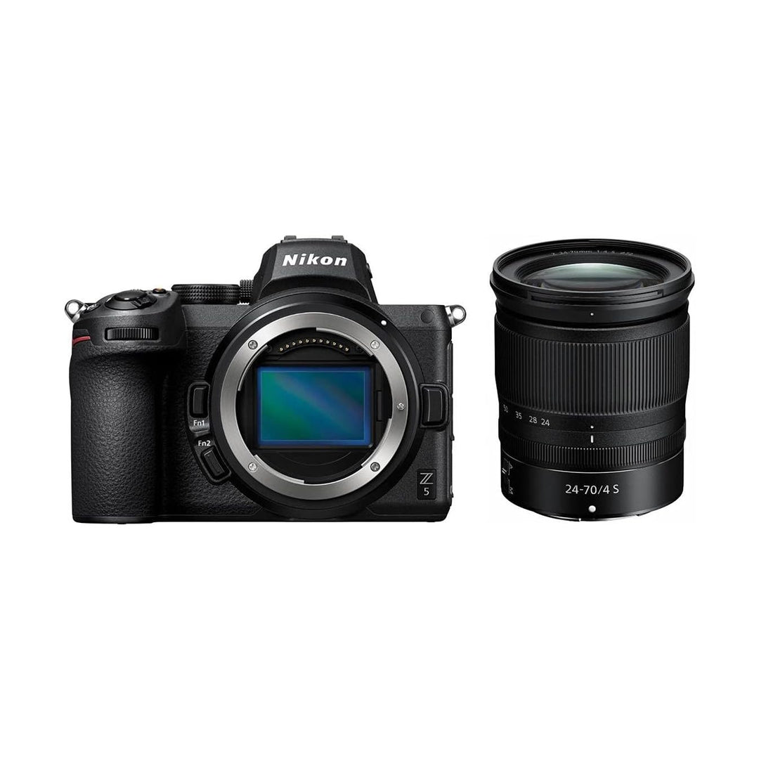 Nikon Z5 mirrorless camera body with open lens mount showing CMOS sensor and detached NIKKOR Z 24-70mm f/4 S lens by ClubCamera.com