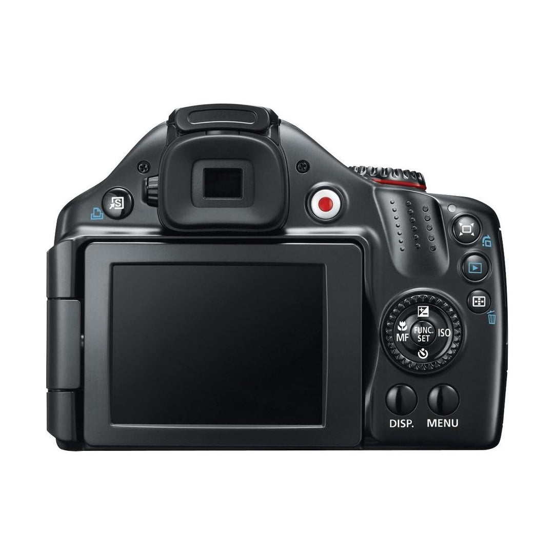 ClubCamera.com black Canon PowerShot SX40 HS back view with closed articulated LCD and textured grip