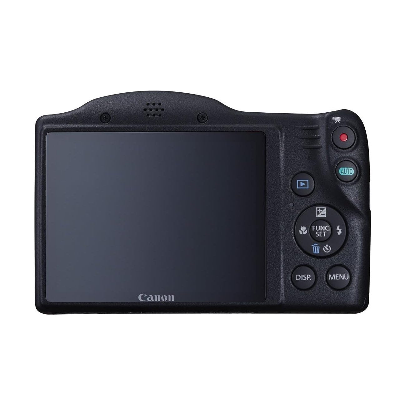 Black Canon PowerShot SX410 IS digital camera rear view with textured grip and control buttons at ClubCamera.com