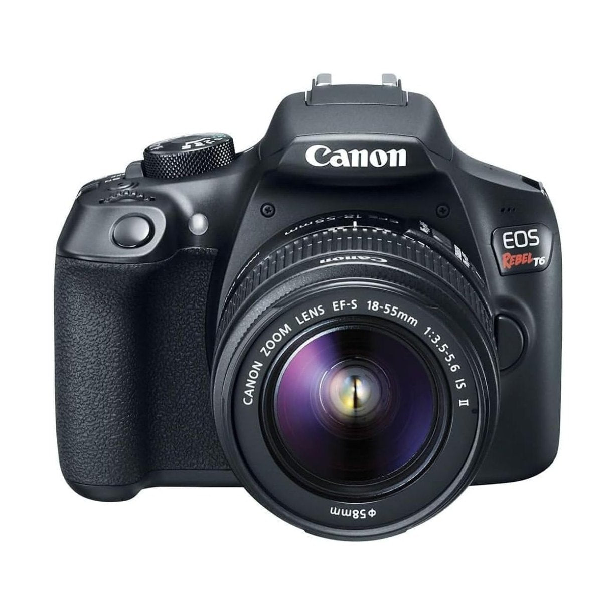ClubCamera.com black Canon EOS Rebel T6 DSLR kit with EF-S 18-55mm lens front three-quarter view