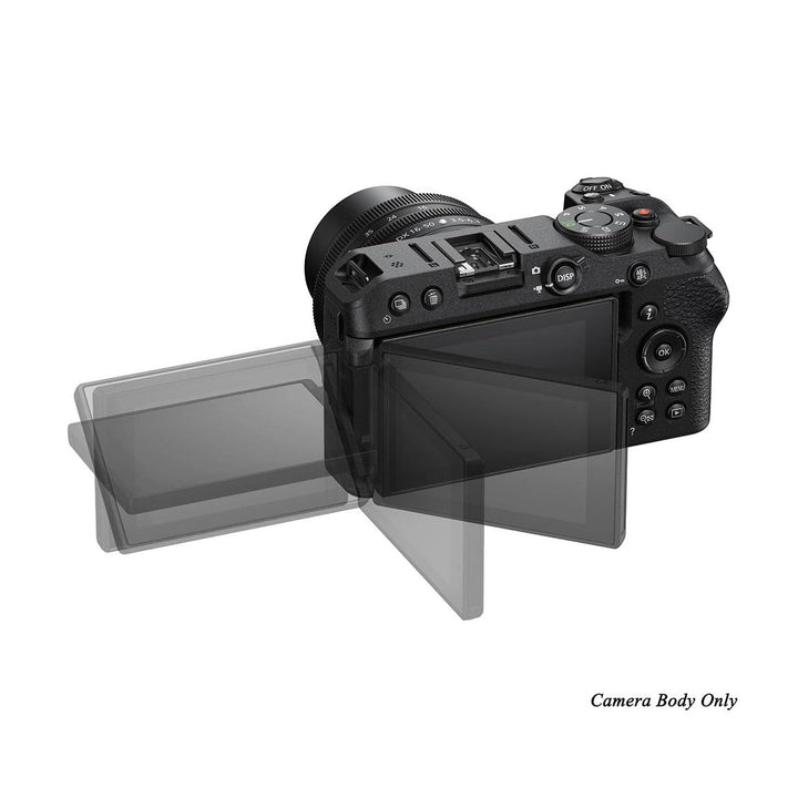 ClubCamera.com Nikon Z30 body only kit showing vari-angle screen overlays and top control dial
