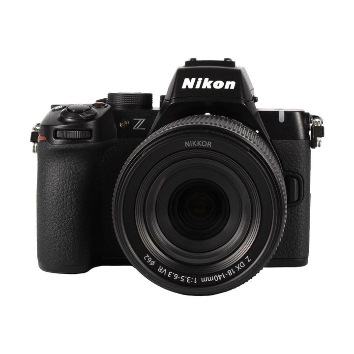 ClubCamera.com direct front shot of black Nikon Z50II mirrorless camera highlighting symmetrical design and NIKKOR branding