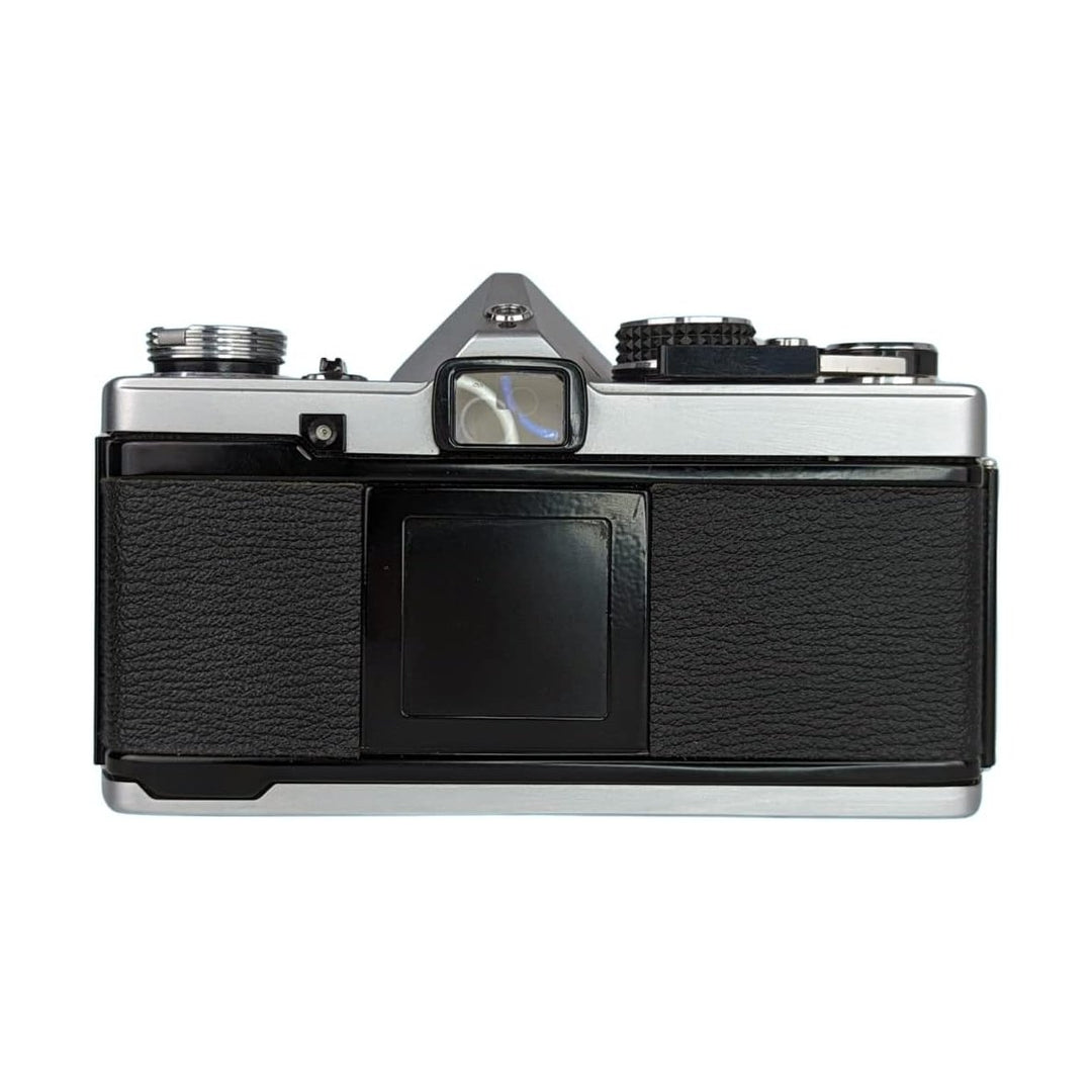 Rear view black leatherette grip on silver Olympus OM-2 body