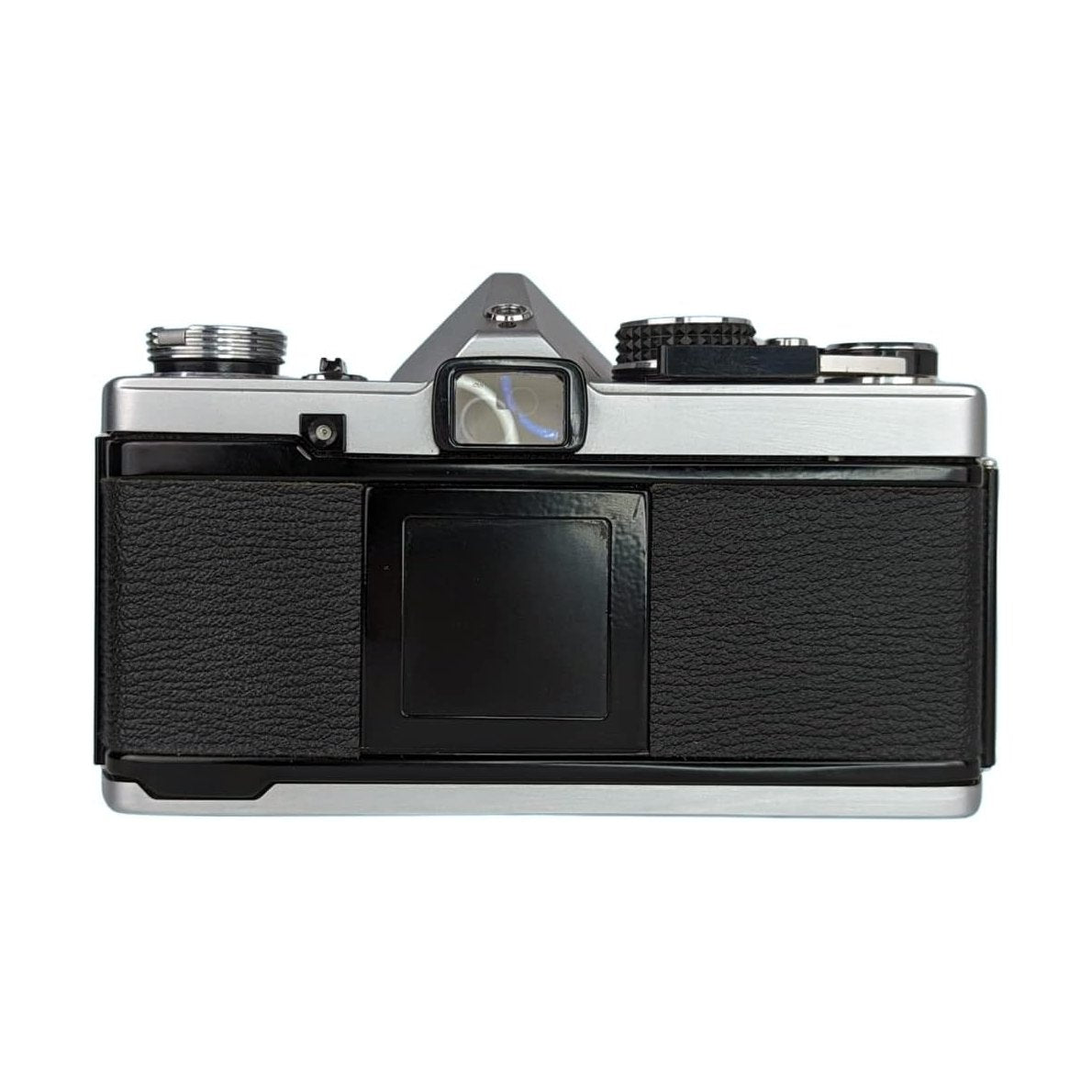 Rear view black leatherette grip on silver Olympus OM-2 body