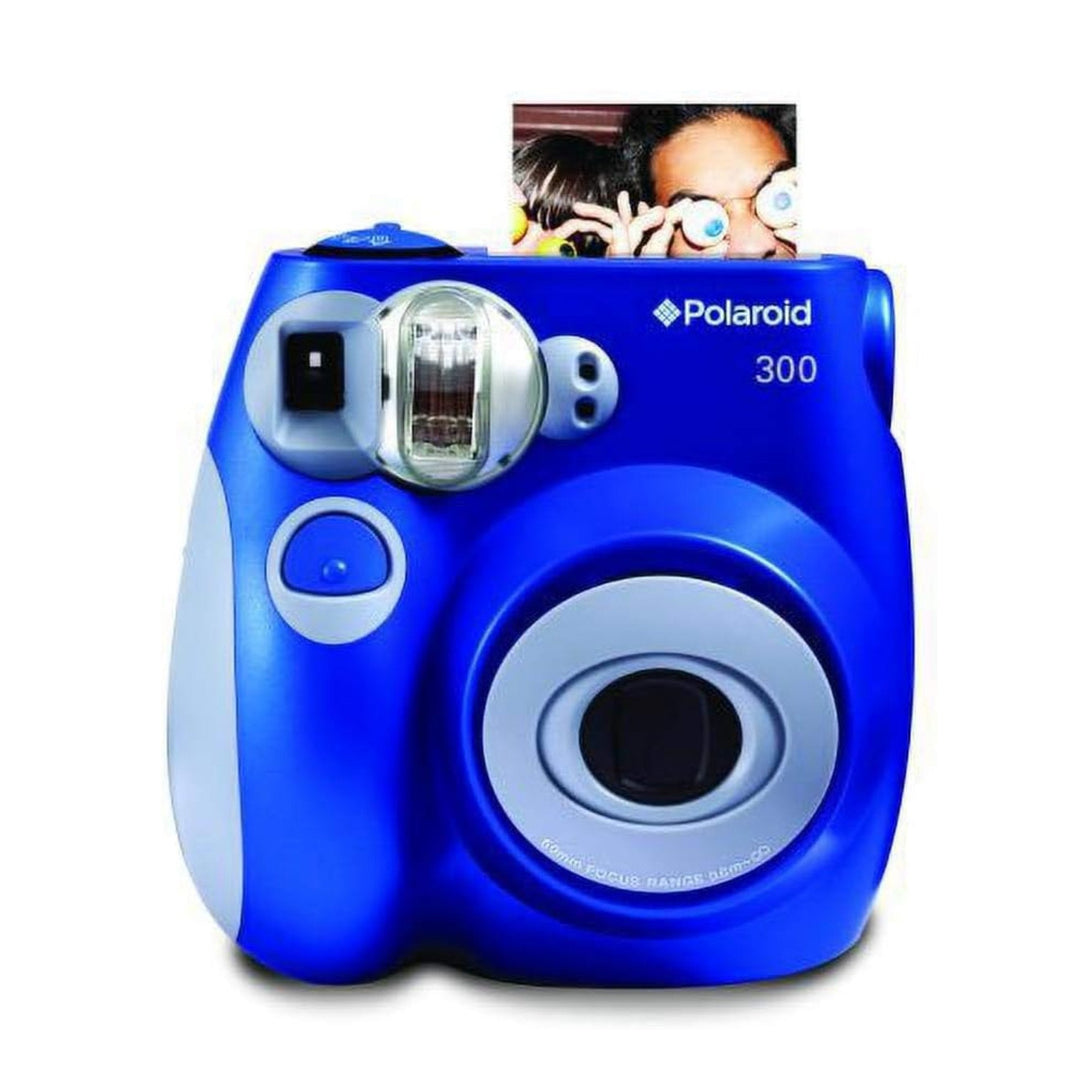 ClubCamera.com blue Polaroid 300 point-and-shoot film camera front shot ejecting credit-card size photo